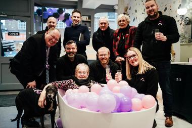 Rai and Rai Bathrooms opening event. Fenland District Council leader Cllr Chris Boden, far left, and, in the bath, Whittlesey Mayor and Fenland councillor Kay Mayor, with back, from left, Daniel Allen, Steve Swalow, Cllr Simon Black, Cllr Dee Laws, Raimon