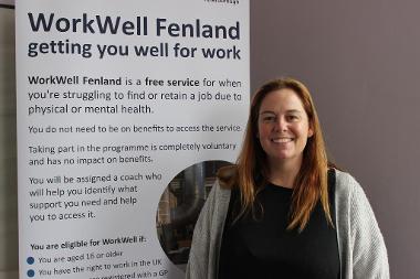 Cllr Susan Wallwork with WorkWell banner