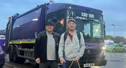 Peter Tompkins and Hedley Fynn-Brand each retiring from Fenland’s refuse and recycling after 46 years with Fenland District Council, with Peter’s dog Luna.